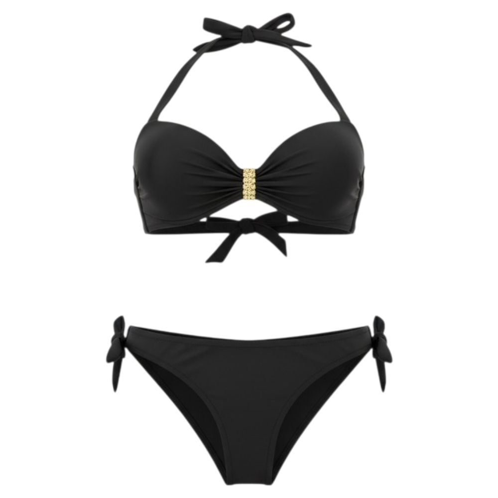 Black Halter Bikini Set with Gold Accent - Women Swim